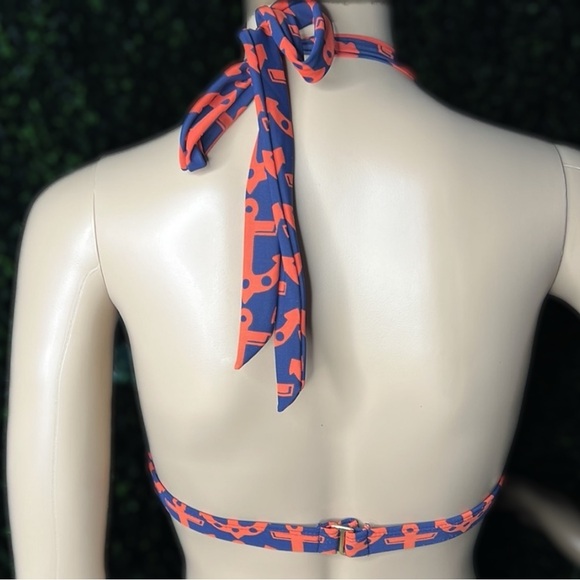 Vineyard Vines Triangle Plunge Swim Bikini Top Navy and Red Anchor Pattern Sz L - Picture 2 of 6